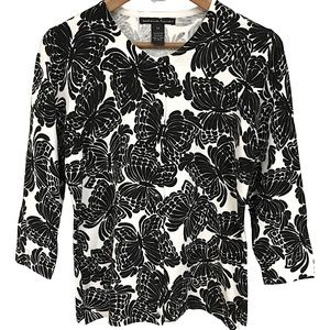 MARINA LUNA sz Medium Cardigan Sweater 3/4 Sleeves Black Butterflies Off White